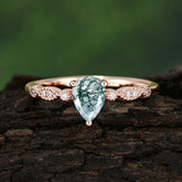 Pear Shaped Vintage Lad Moss Agate Engagement Ring Beaded Promise Ring